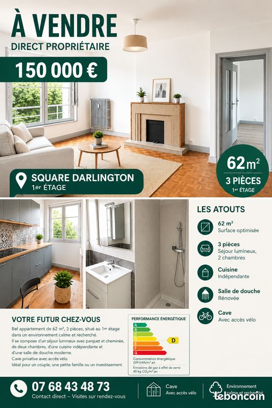 Appartement 3 pièces 62 m² · à Amiens · 62 m² · 150 000 €