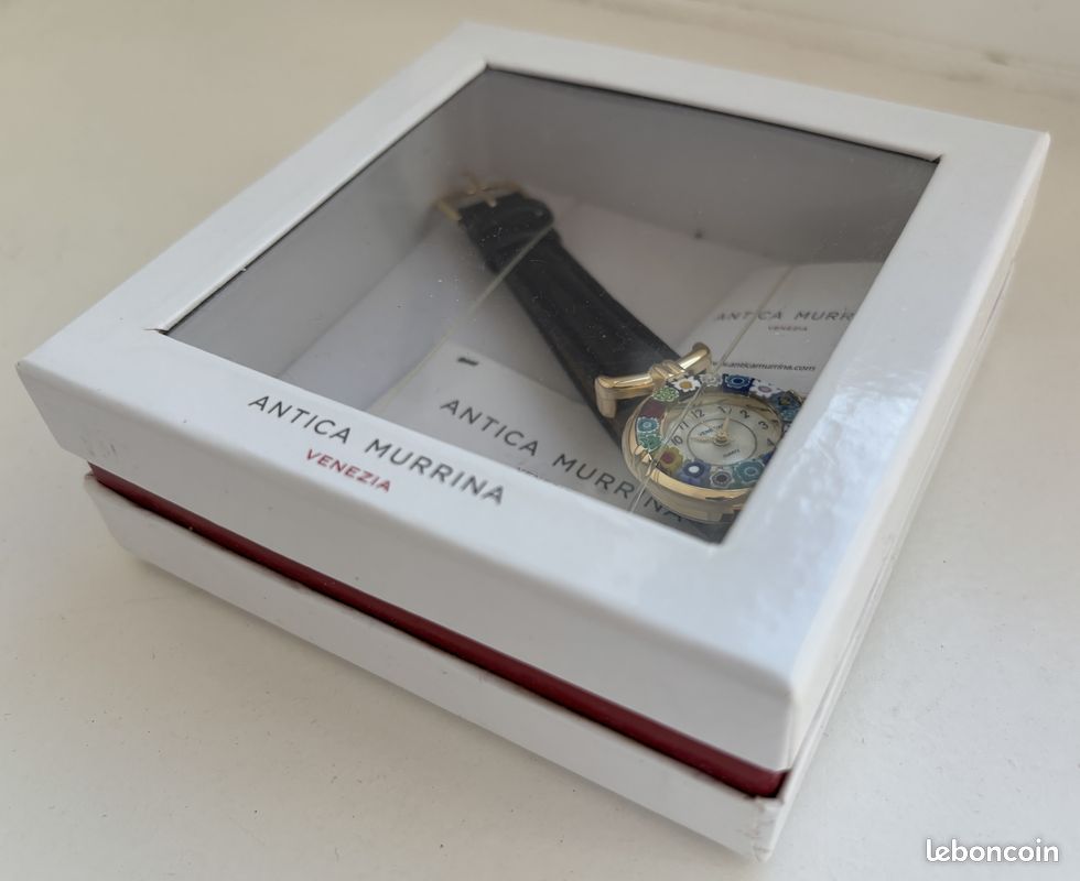 Montre Femme Bracelet Cuir Marron Avec Verre De Murano Millefiori - Italie
