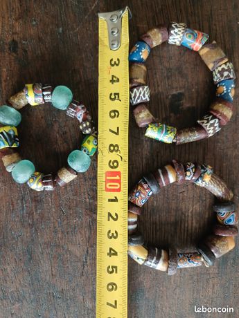 Lot De 3 Colliers Vintage En Perles De Verre Millefiori Africaines Krobo - Art Tribal Du Ghana, Occasion