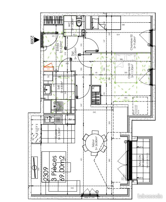 Appartement 3 pièces 69 m² · à Osny · 69 m² · 1 158 €/mois