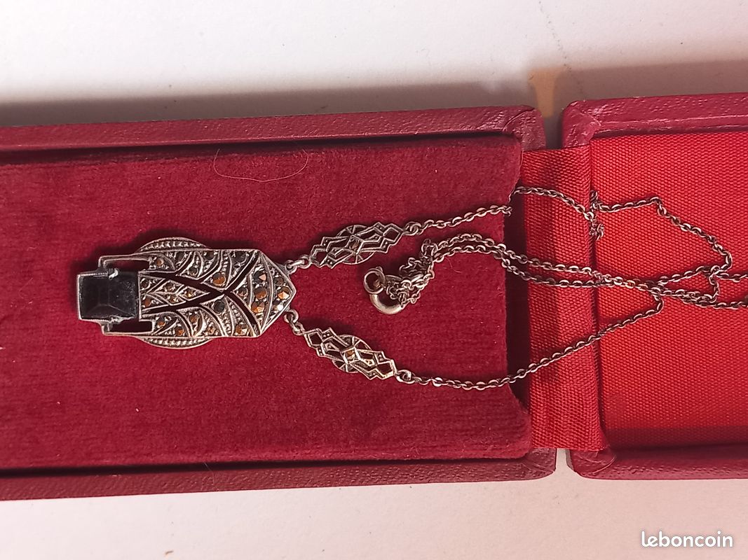 Collier Ancien En Argent Massif 925 - Style Art Déco Avec Marcassites