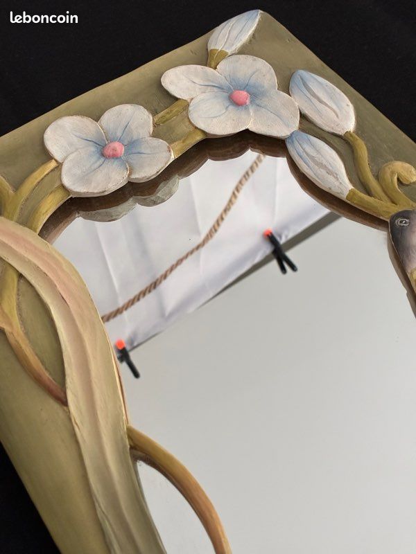 Miroir vintage en bois sculpté oiseau et fleurs (image 11)
