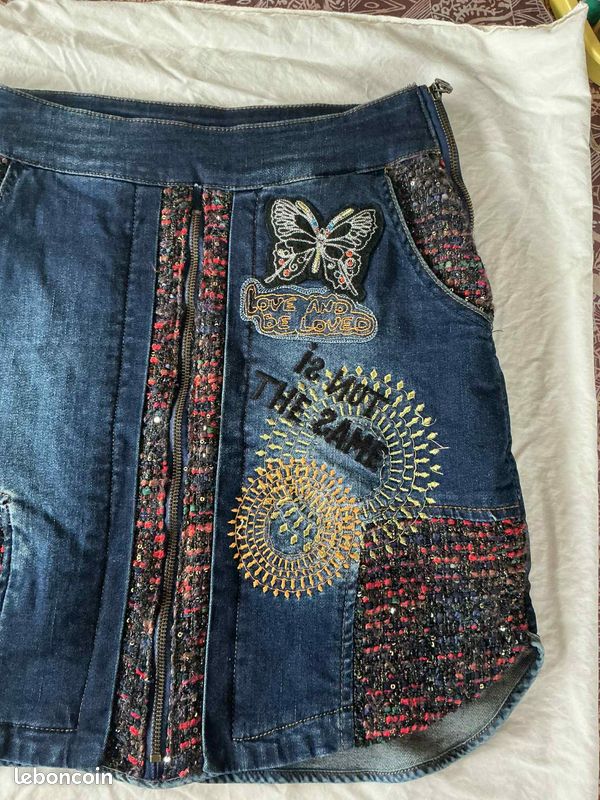 Jupe Asymétrique Desigual – Taille 38 – Marron/beige Avec Broderies – Occasion Très Bon état