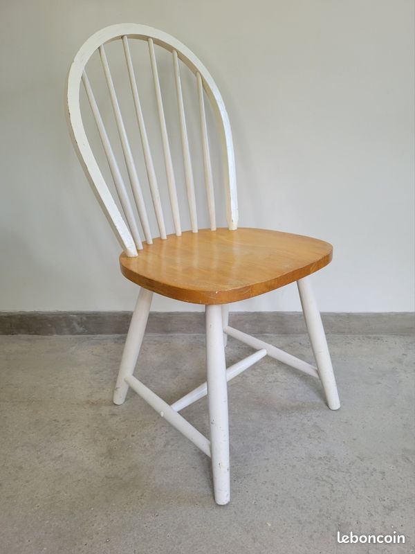 Chaise à barreaux type Tapiovaara en bois courbé massif blanc vintage scandinave western (image 1)