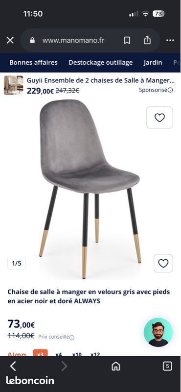 4 chaises salle à mangé grises en velours (image 1)