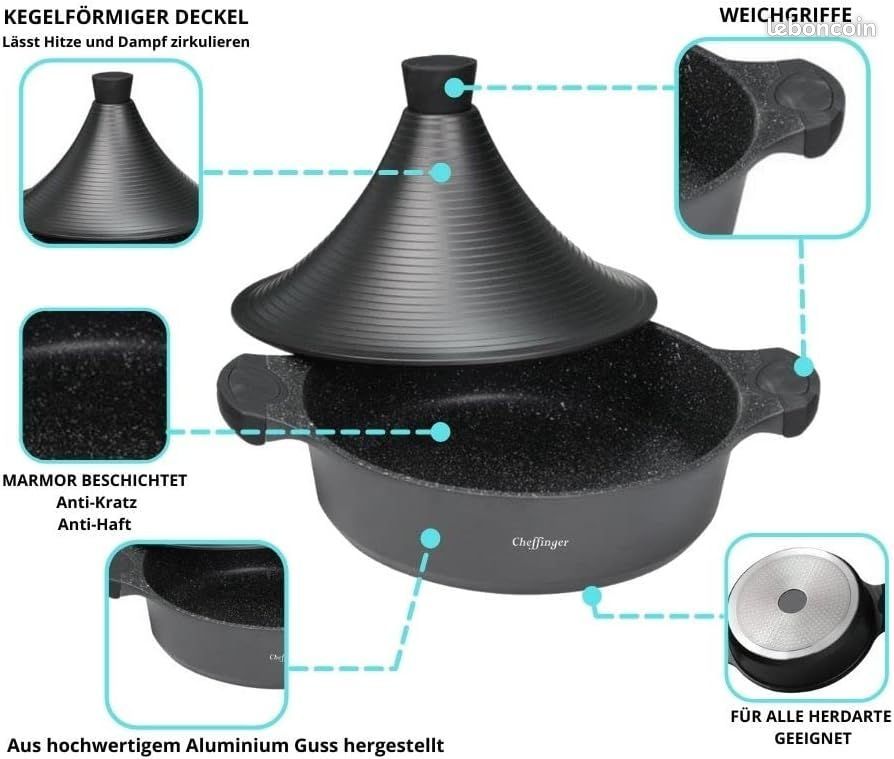 Marmite à Tajine Cheffinger – 28 Cm – Revêtement Marbre – Induction – Noir