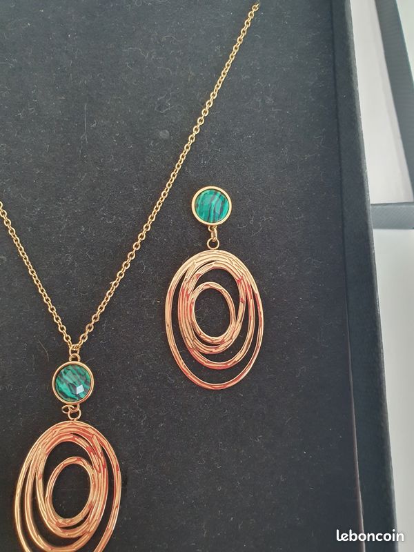 Parure Neuve collier pendentif et boucles d'oreilles Acier et Malachite (image 4)