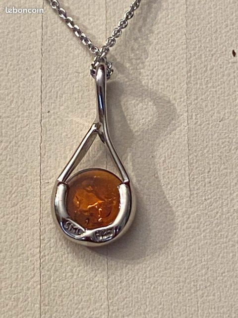Neuf : Parure collier pendentif + boucle d'oreilles Argent 925/1000 + Ambre (PAR5) (image 12)
