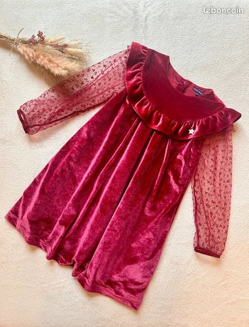 Robe Fille Okaidi 6 Ans - Velours Rouge à Capuche - Style évasé Pour Les Fêtes D'hiver - Occasion Très Bon état