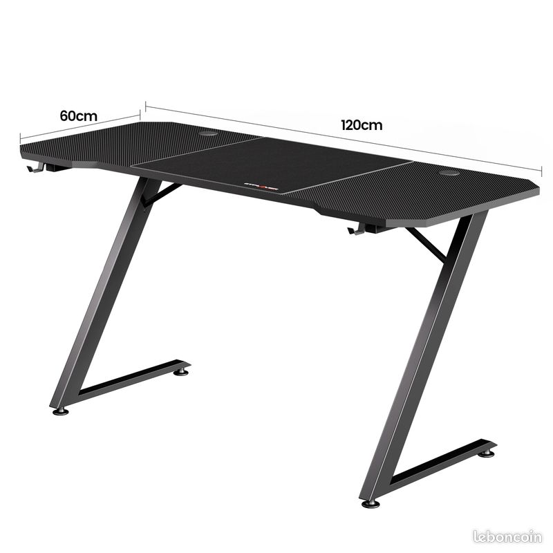 Bureau Gaming Gamer 120x60 cm – Tapis XXL, Passe-Câbles, Support Casque – Noir - Envoi offert (image 3)