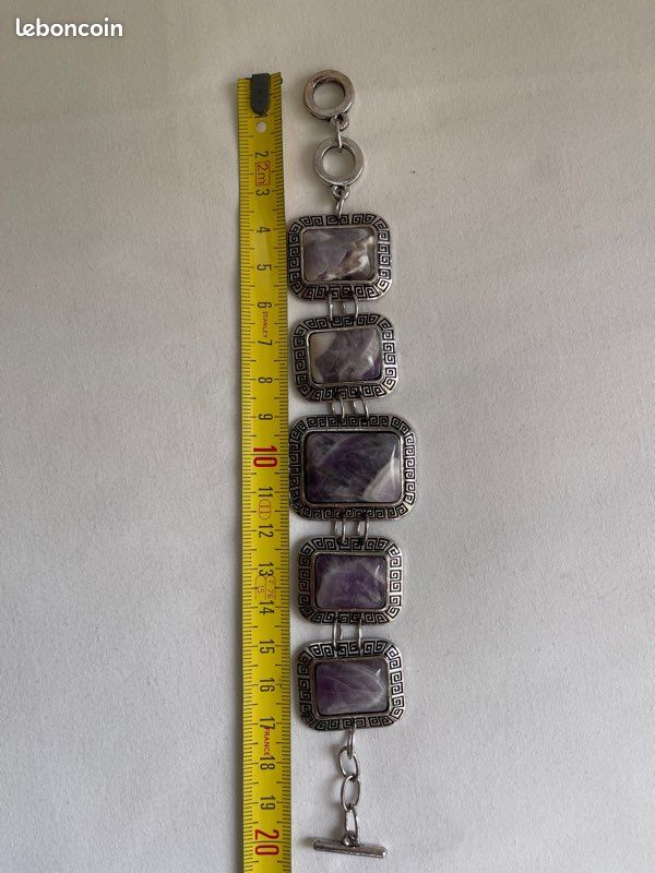 Bracelet Vintage En Métal Argenté Avec 7 Cabochons D'améthyste - Années 70, Style Rétro