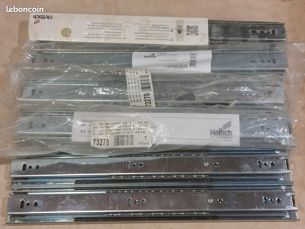 Lot neuf 10 coulisses à sortie totale HETTICH 73278 KA 5632/350 45kg 5 paires tiroir meuble plateau coulissant ... (image 1)