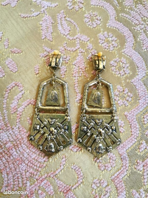Paire De Boucles D'oreilles Vintage Multicolores à Clips - Métal Doré, Bon état - Occasion