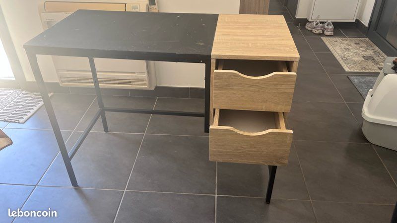 Bureau noir er bois style industriel - 2 tiroirs (image 2)