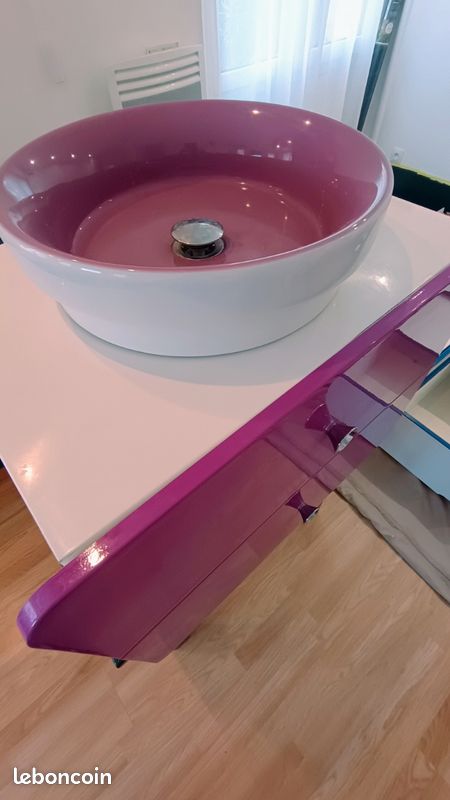 Ensemble meuble salle de bain sur pieds avec vasque ronde, 2 tiroirs et robinetterie (image 3)
