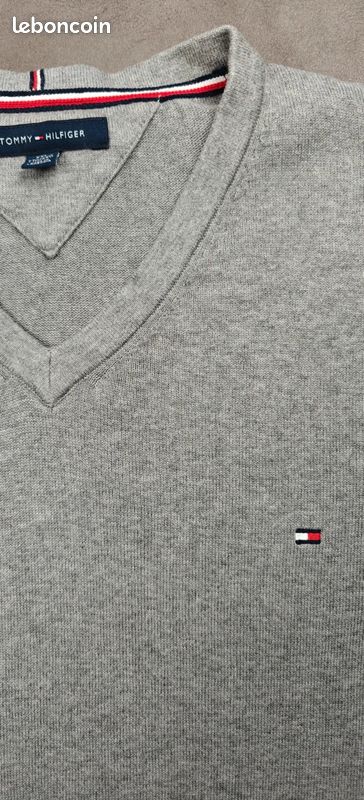 Sweat Tommy Hilfiger [XXL] 100% coton col V logo brodé homme pull gris #TH364 (image 5)