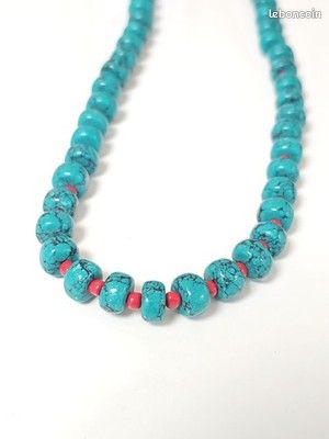 Collier Antique Tibétain Turquoises Et Taquets Cloisonnés - Bijou Ethnique Occasion, état Parfait, Pierre Turquoise