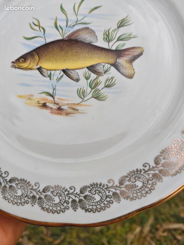 Lot 10 assiettes à poisson vintage Porcelaine Française PF bord doré – motifs variés (image 6)