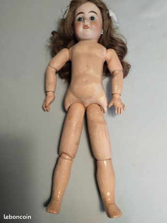 Petite Poupée Ancienne Tête Biscuit Fleischmann, Hauteur 29 Cm
