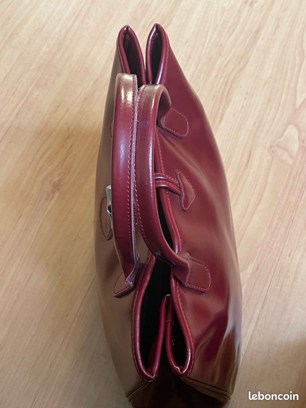 Sac main, cabas Longchamp roseau cuir rouge cerise,bordeaux, 34 cm