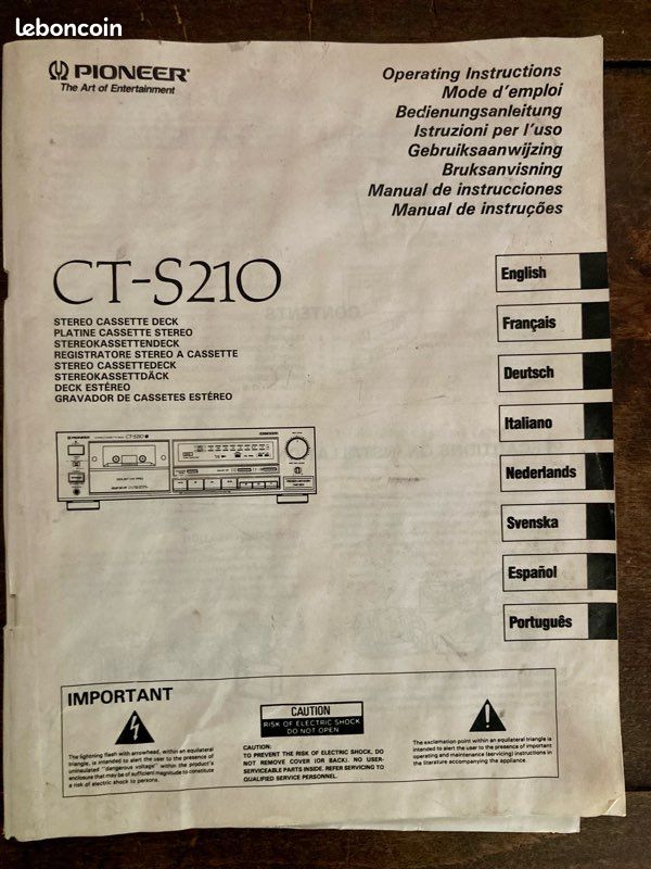 Pioneer CT-S210 Platine Cassette Stéréo Notice (image 1)