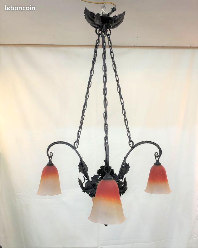 Lustre / suspension ART DECO fer forgé et pâte de verre signé SCHNEIDER (image 3)