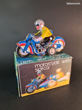 Jouet Moto Side Car Remontoir Mécanique QSH MS709 En Tôle Vintage