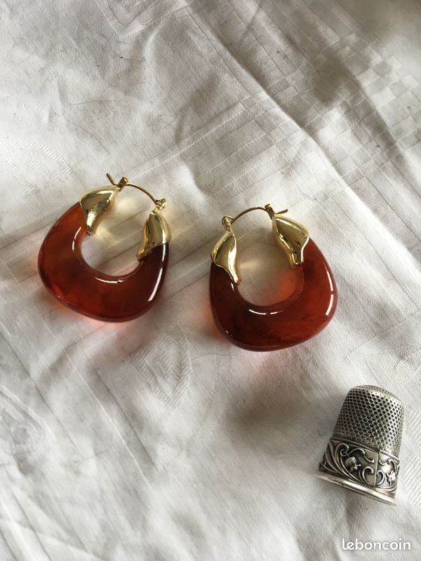 Boucles D'oreilles Vintage Clips En Résine Couleur Ambre Et Beige - Métal Acier, Style Rétro, Occasion En Bon état