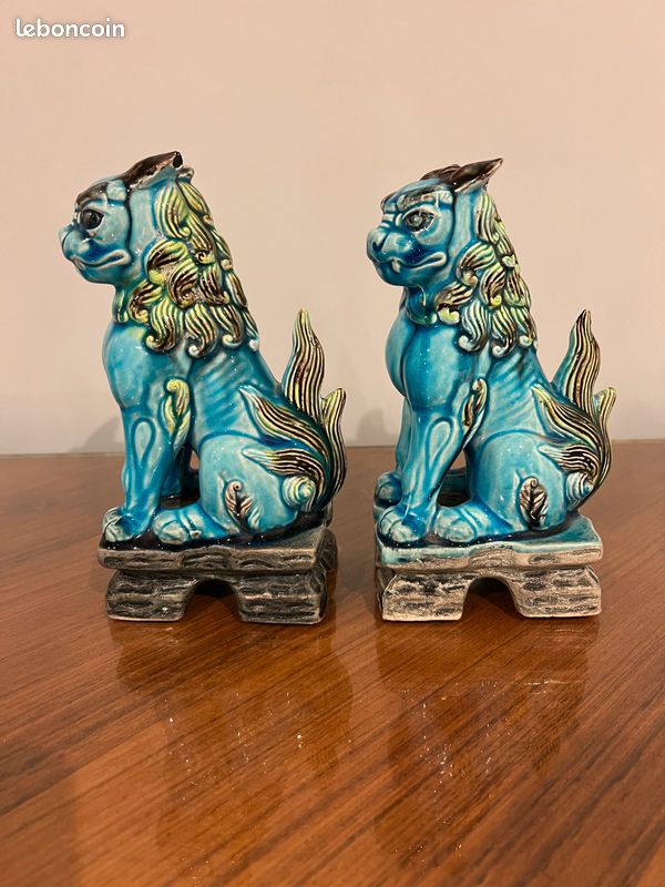 2 figurines de chien FOO japonaises années 50 en céramique bleue et verte (image 8)