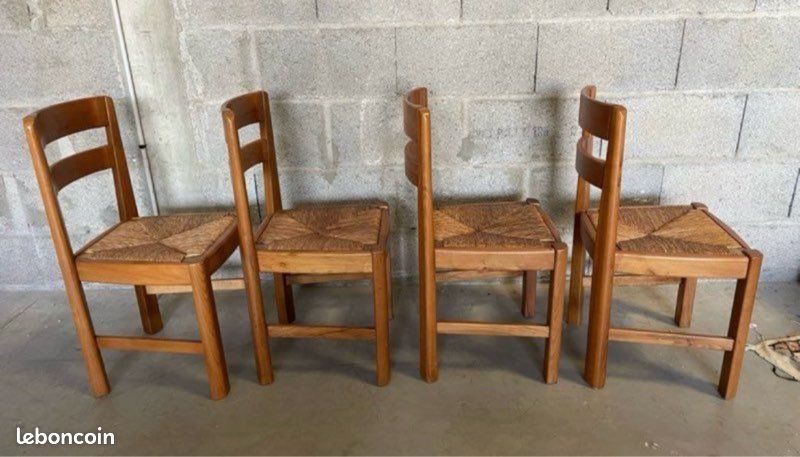 Ensemble quatre chaises vintage bois orme et paille design 1970 maison regain (image 3)