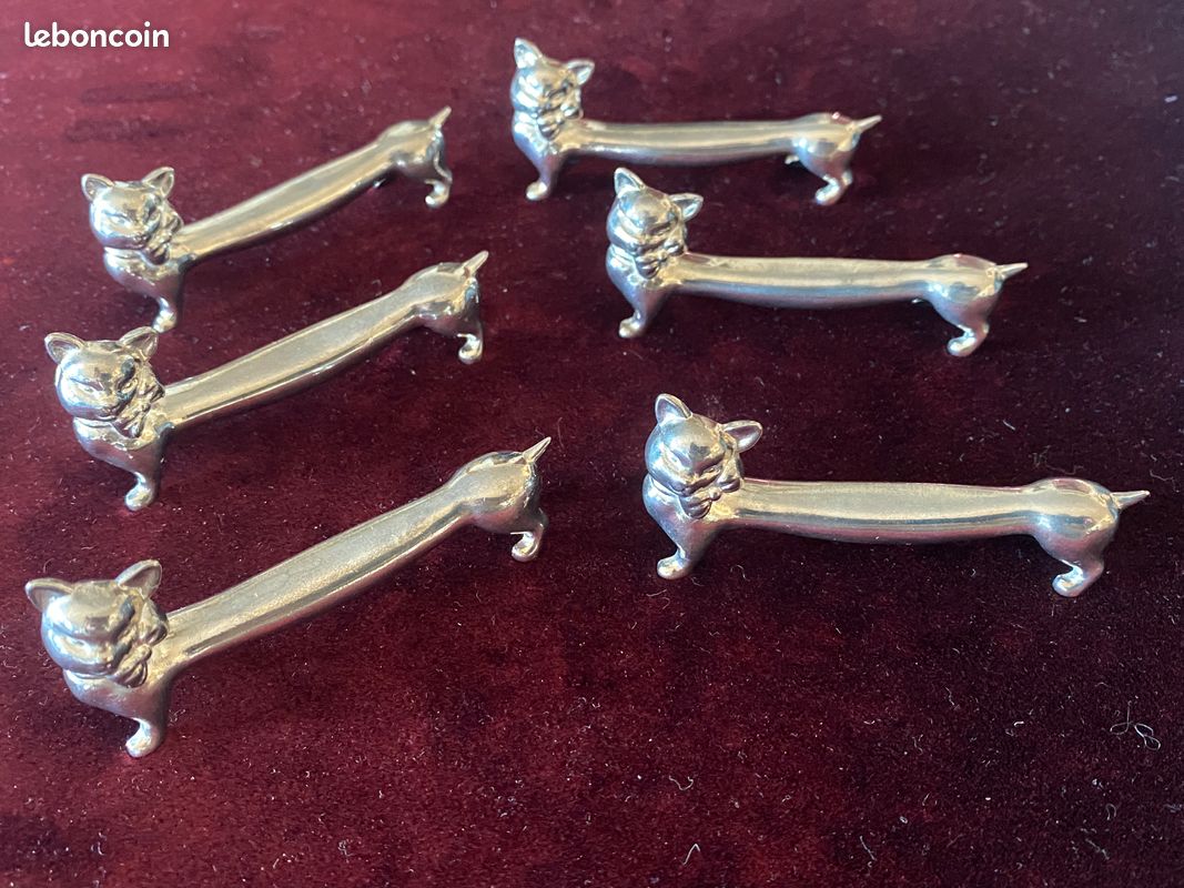 Lot De 6 Porte-couteaux En Métal Argenté - Forme Chat Avec Nœud Papillon - Occasion