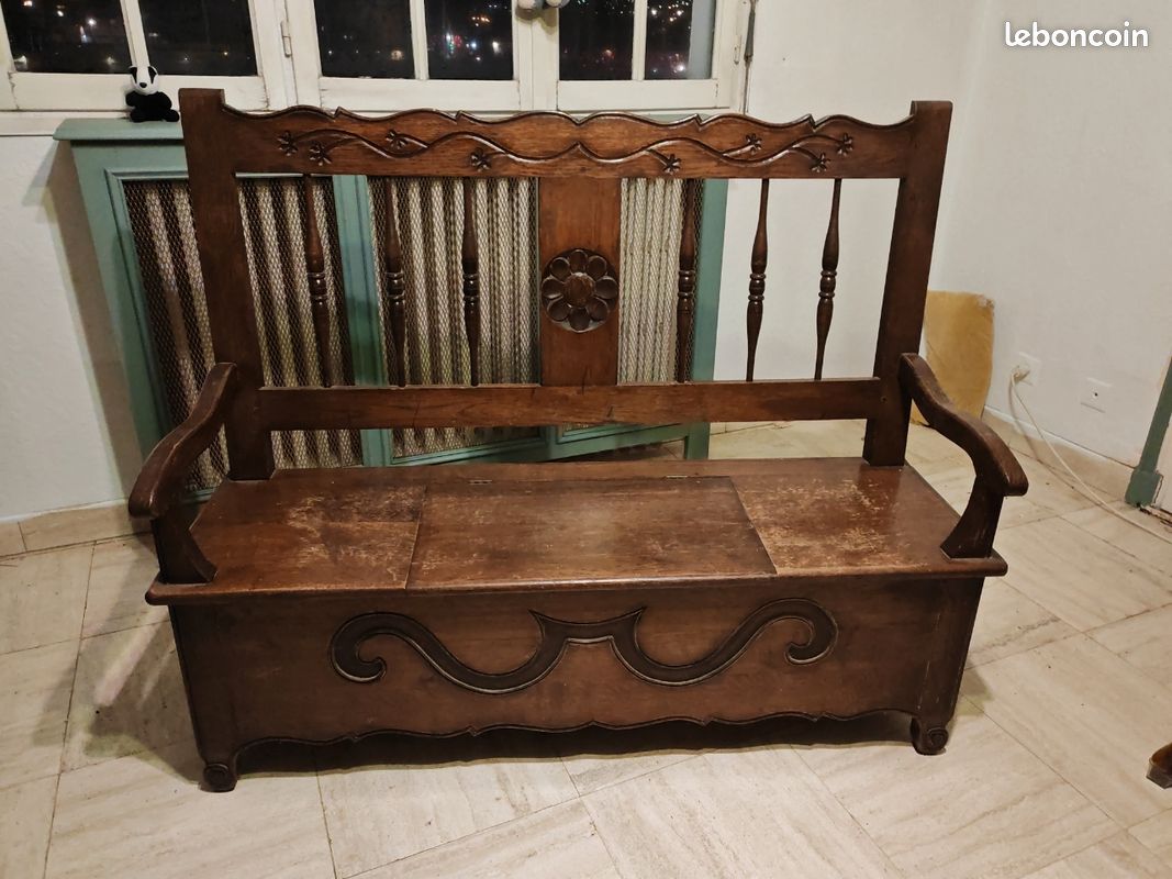 Banc Banquette Coffre En Acajou Massif – Style Antique – Siège Relevable – Neuf