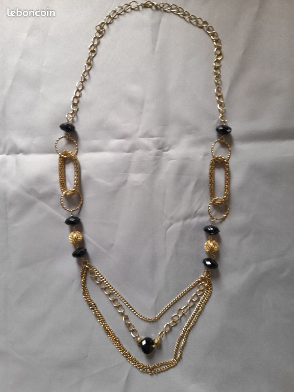 Lot De 2 Colliers Ras-de-cou Fantaisie - Perles Noires Dorées à 4 Rangs - 78 Grammes - Occasion