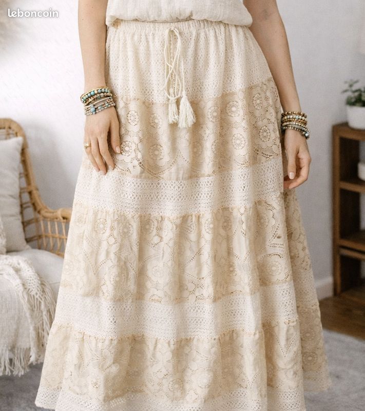 Jupe Longue Etam 100% Lin Beige Crème – Taille 44 – Style Bohème Chic, Fabrication Française