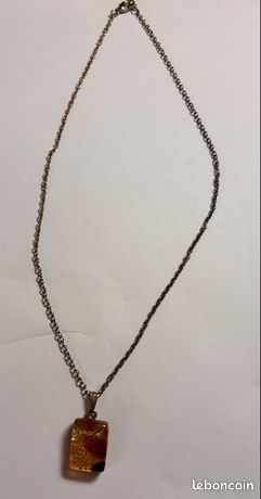 Pendentif En Argent Vintage Avec Perle En Murano - Collier Finition Or Moiré - 38 Cm
