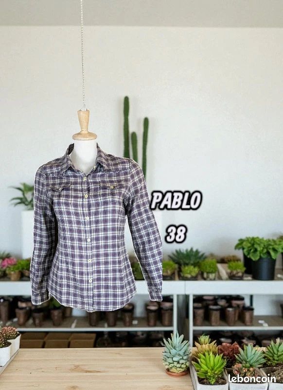 Chemise Pablo Gérard Darel Taille 38 - Manches Longues, Carreaux Violet - État Parfait