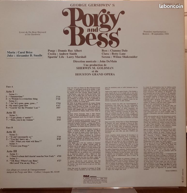 Vinyle 33T RCA RL 42412 Gershwin Porgy and Bess 1978 (image 2)