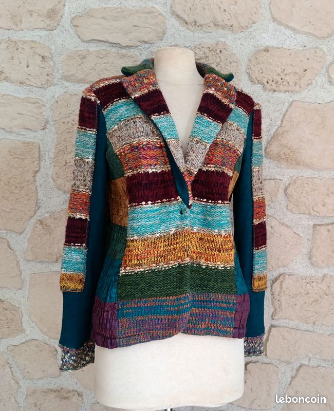 Manteau D'hiver Luxueux En Laine Et Mohair Patchwork - Tricot Chic - Taille 38 - Occasion Très Bon état