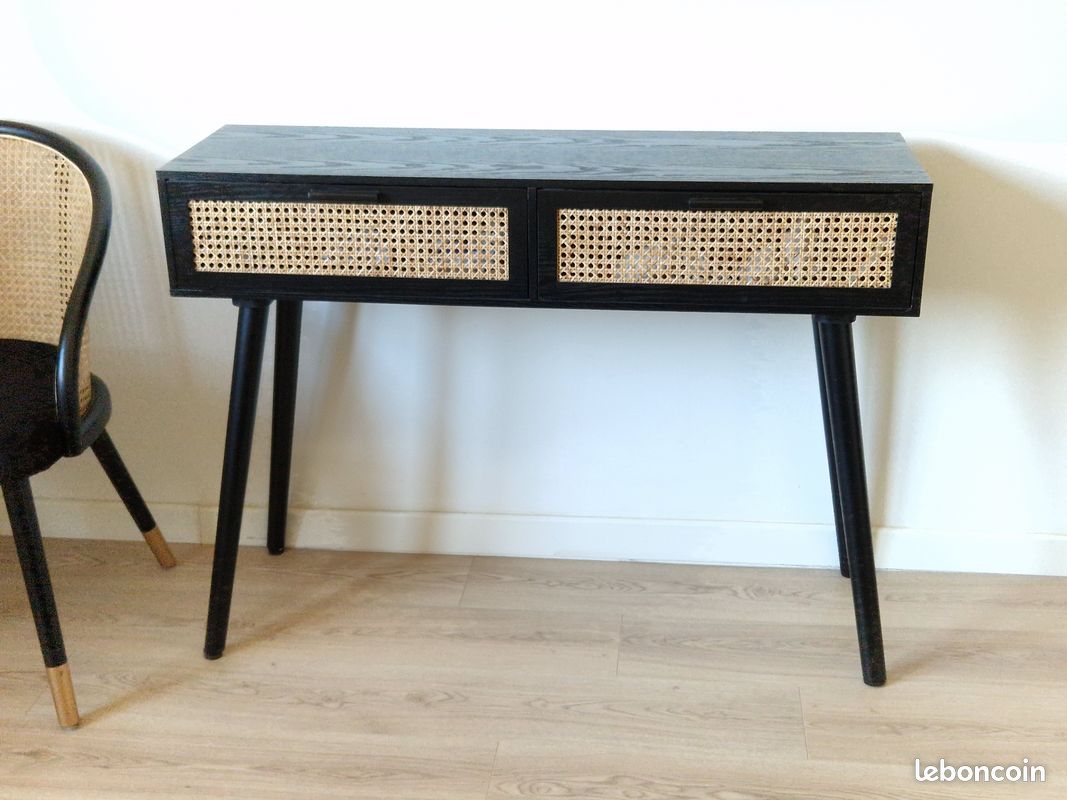 Console noire en bois et cannage 2 tiroirs (image 1)