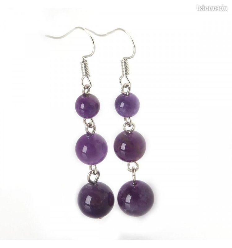 Boucles d'oreilles pendantes 3 boules en Améthyste (image 4)