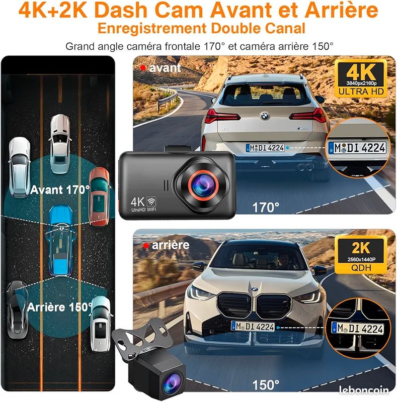 Dashcam Voiture Avant Arrière, Caméra 4K+1080P, Wi-Fi 5GHz