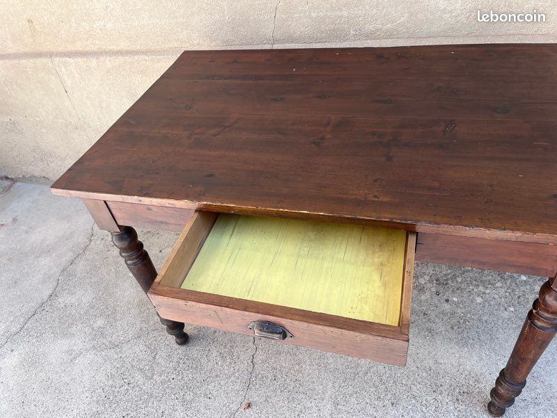 Table de ferme / Bureau ancien pieds tournés en bois massif — Option aérogommage / brut (image 3)