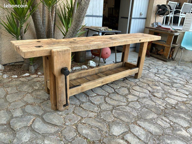 Véritable Établi menuisier bois chêne vintage ancien console comptoir bar meuble salle de bain (image 4)