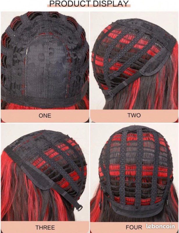 Perruque Synthétique Bouclée Bicolore Noir/rouge - Longue - Kit Complet Pro - Neuf Sans étiquettes