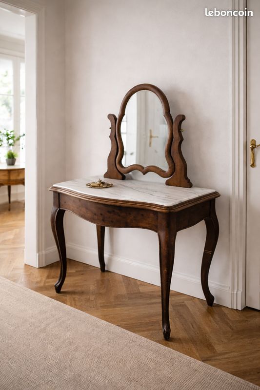 Coiffeuse Ancienne Style Louis XV En Bois Avec Miroir – Marron