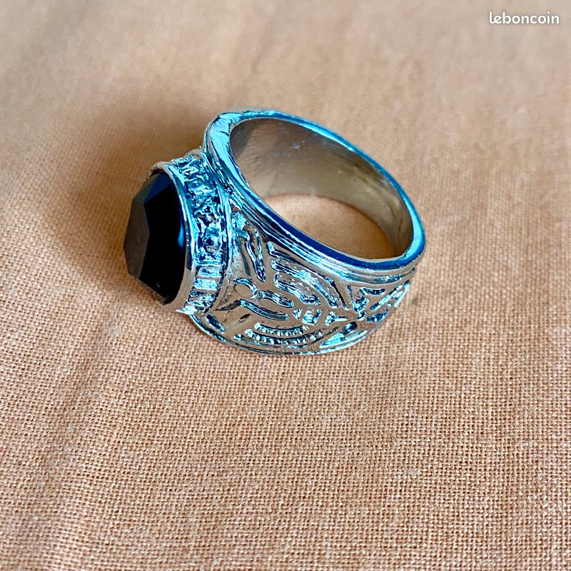 Bague rétro pierre noire en acier inoxydable 57 mm mixte