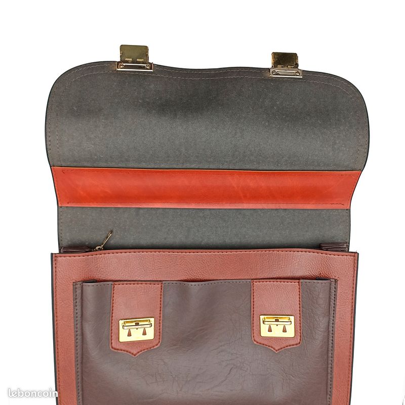 Cartable Vintage 70s en vinyle marron fauve et chocolat | C.D.C M.U Paris | Deadstock - Neuf avec étiquette | Style rétro | Chic scolaire | Made in France (image 7)