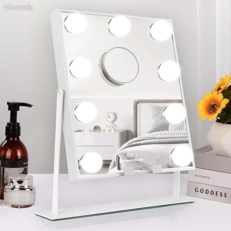 OSDUE Miroir de Maquillage hollywoodien avec lumières, Miroir Cosmétique LED, 9 Ampoules, 3 Modes de Couleur Réglables Contrôle Tactile, avec Miroir Grossissant x10, Rotation Réglable à 180 °, 30x25cm (image 8)