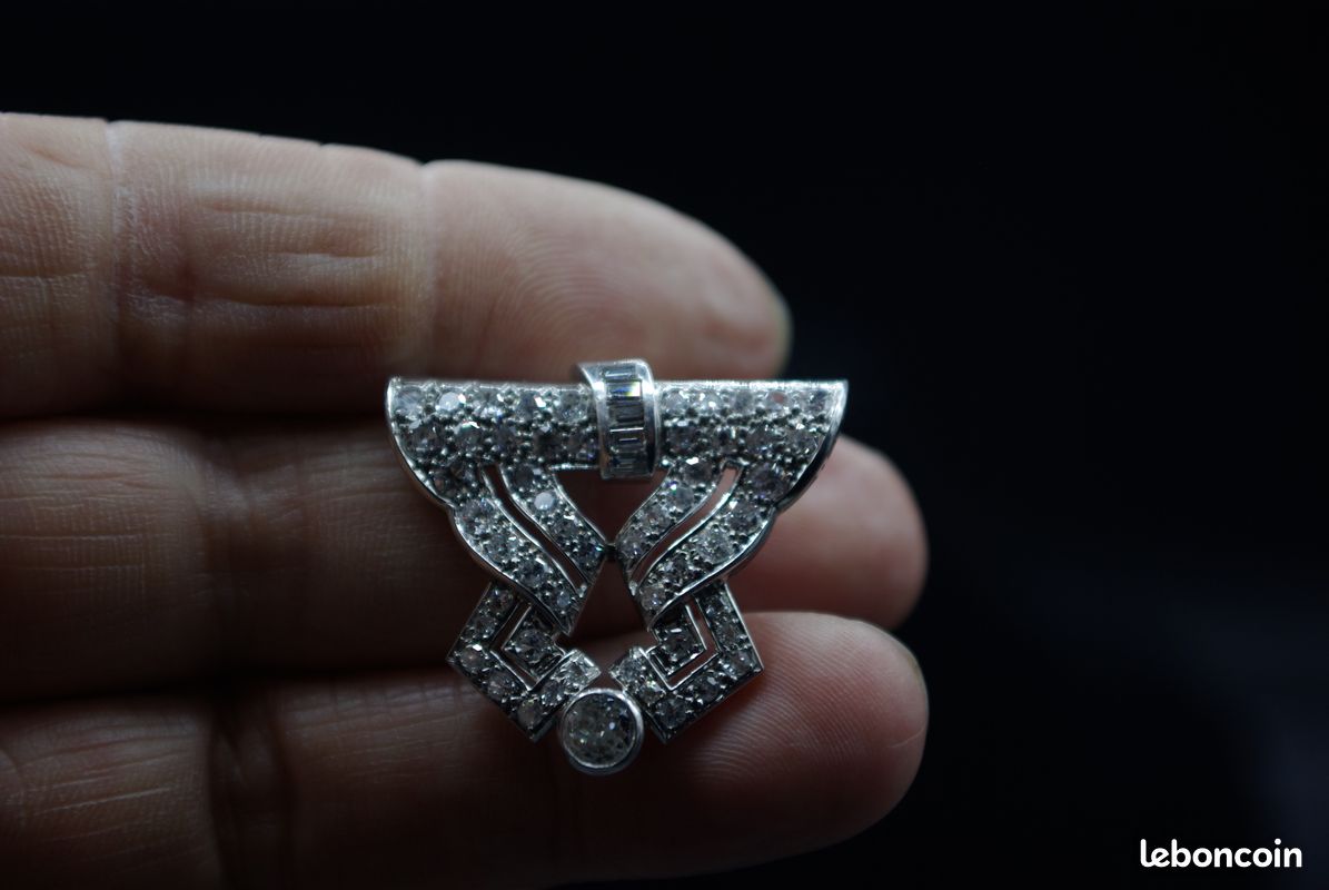 Broche Ancienne En Platine Avec Diamants - Env. 8 Carats - 29.46g - Bijou Vintage De Luxe Occasion
