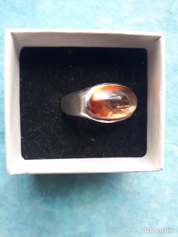 Bague Argent Sterling Avec Pierre Orange – Style 19ème Siècle, Occasion Avec Usure Du Temps